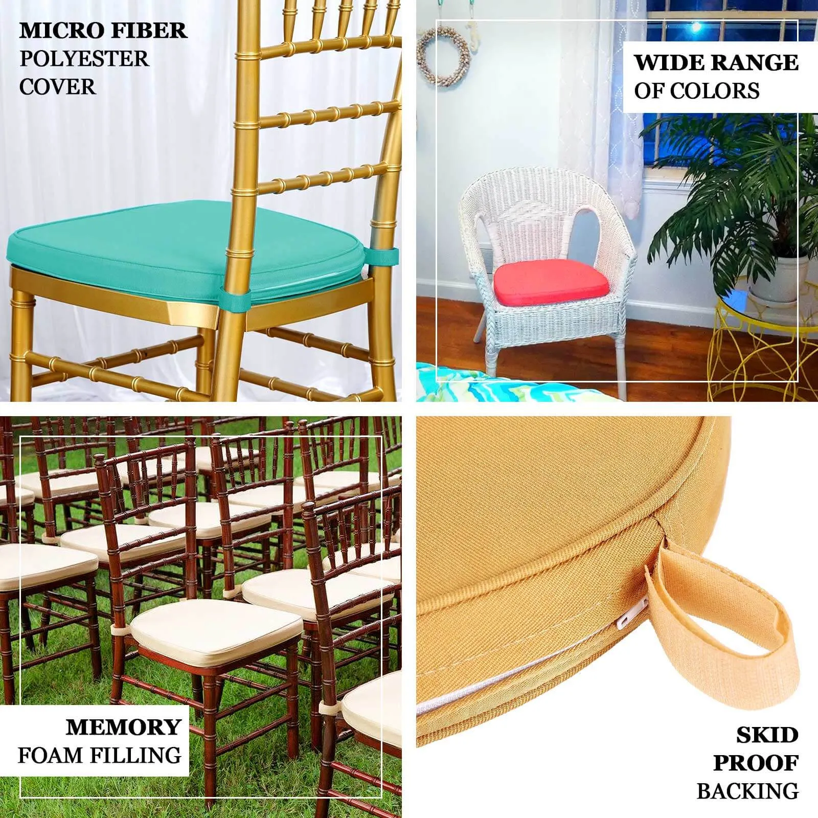 1.5" Thick Black Chiavari Chair Pad, Memory Foam Seat Cushion With Ties and Removable Cover