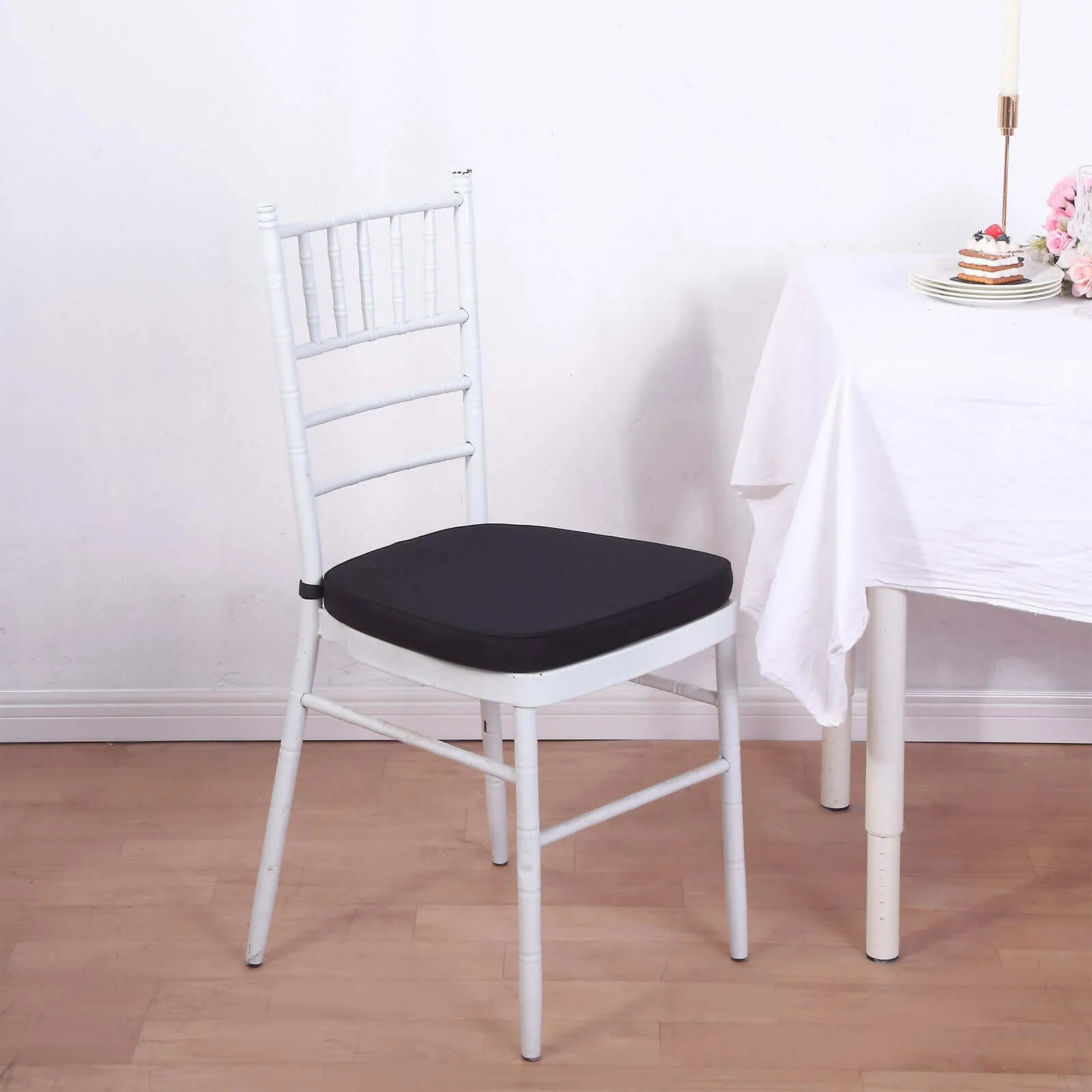 1.5" Thick Black Chiavari Chair Pad, Memory Foam Seat Cushion With Ties and Removable Cover