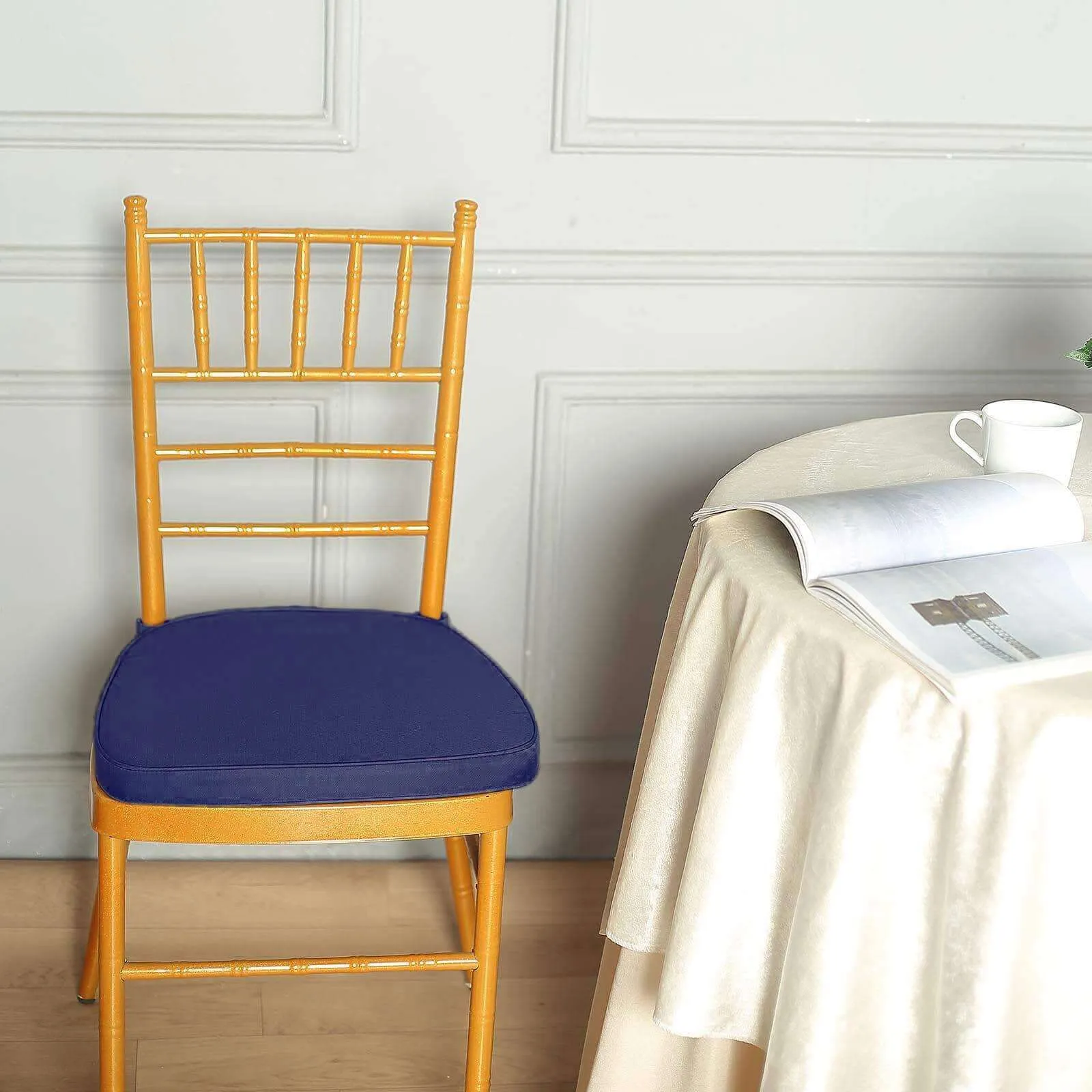 1.5" Thick Navy Blue Chiavari Chair Pad, Memory Foam Seat Cushion With Ties and Removable Cover