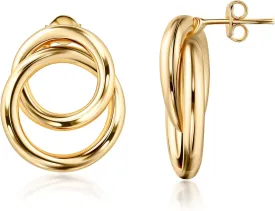 Barzel 18K Gold Plated Double Loop Dangling Earrings, High Polish Finish, Intertwined Design, Made in Brazil
