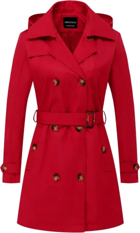 CREATMO US Women's Trench Coat Double-Breasted Classic Lapel Overcoat Belted Slim Outerwear Coat with Detachable Hood