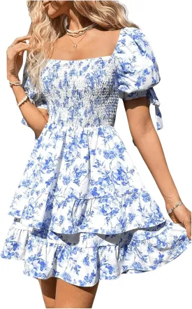 Floerns Women's Floral Print Puff Sleeve Square Neck Tiered Layer Shirred Dresses