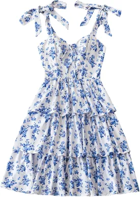 Floerns Women's Summer Floral Print Tie Shoulder Tiered Layer Short Cami Dress