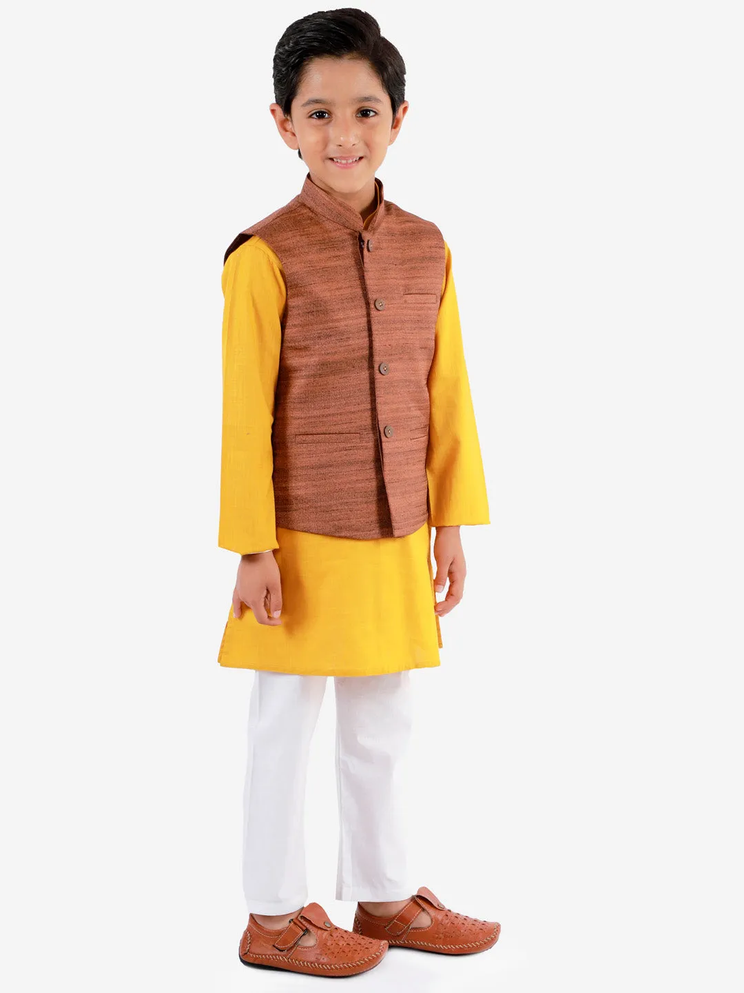 Jashvi Boys Coffee Brown, Mustard And White Jacket, Kurta and Pyjama Set