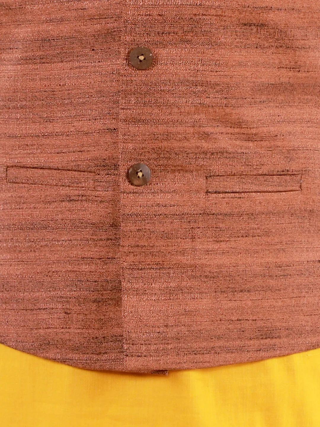 Jashvi Boys Coffee Brown, Mustard And White Jacket, Kurta and Pyjama Set