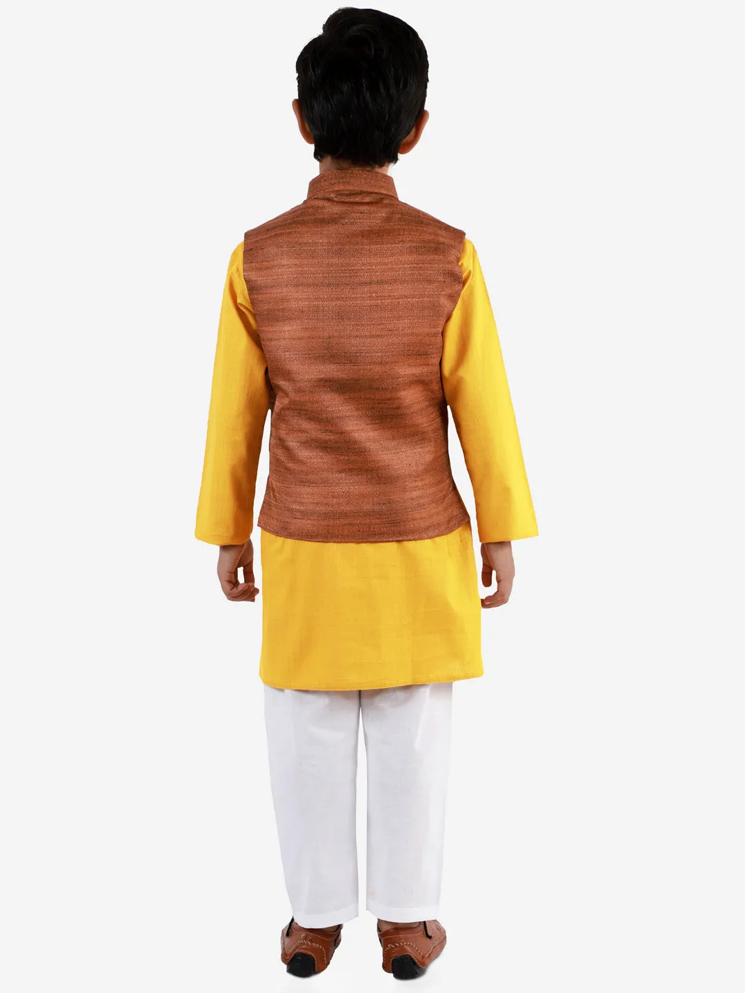 Jashvi Boys Coffee Brown, Mustard And White Jacket, Kurta and Pyjama Set