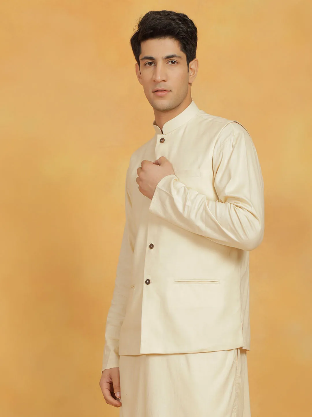 Jashvi Mens Elegant Cream Cotton Linen Nehru Jacket - Stylish Traditional Wear