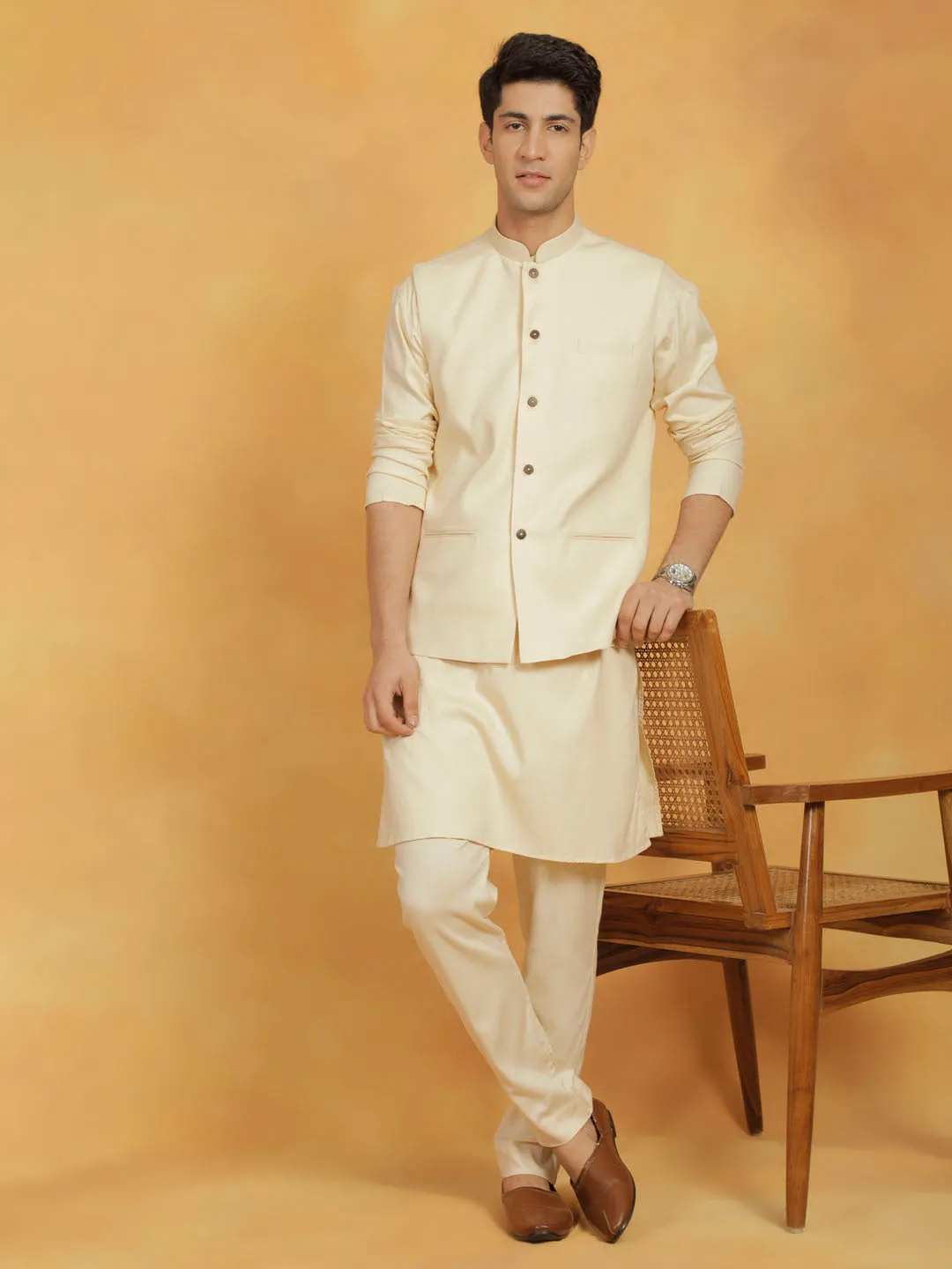 Jashvi Mens Elegant Cream Cotton Linen Nehru Jacket - Stylish Traditional Wear