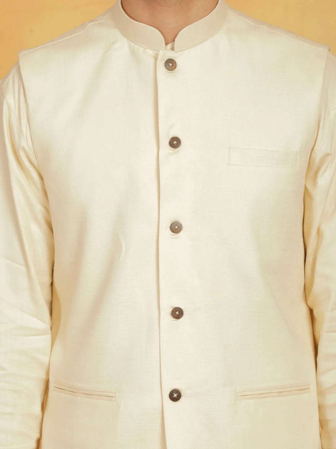Jashvi Mens Elegant Cream Cotton Linen Nehru Jacket - Stylish Traditional Wear