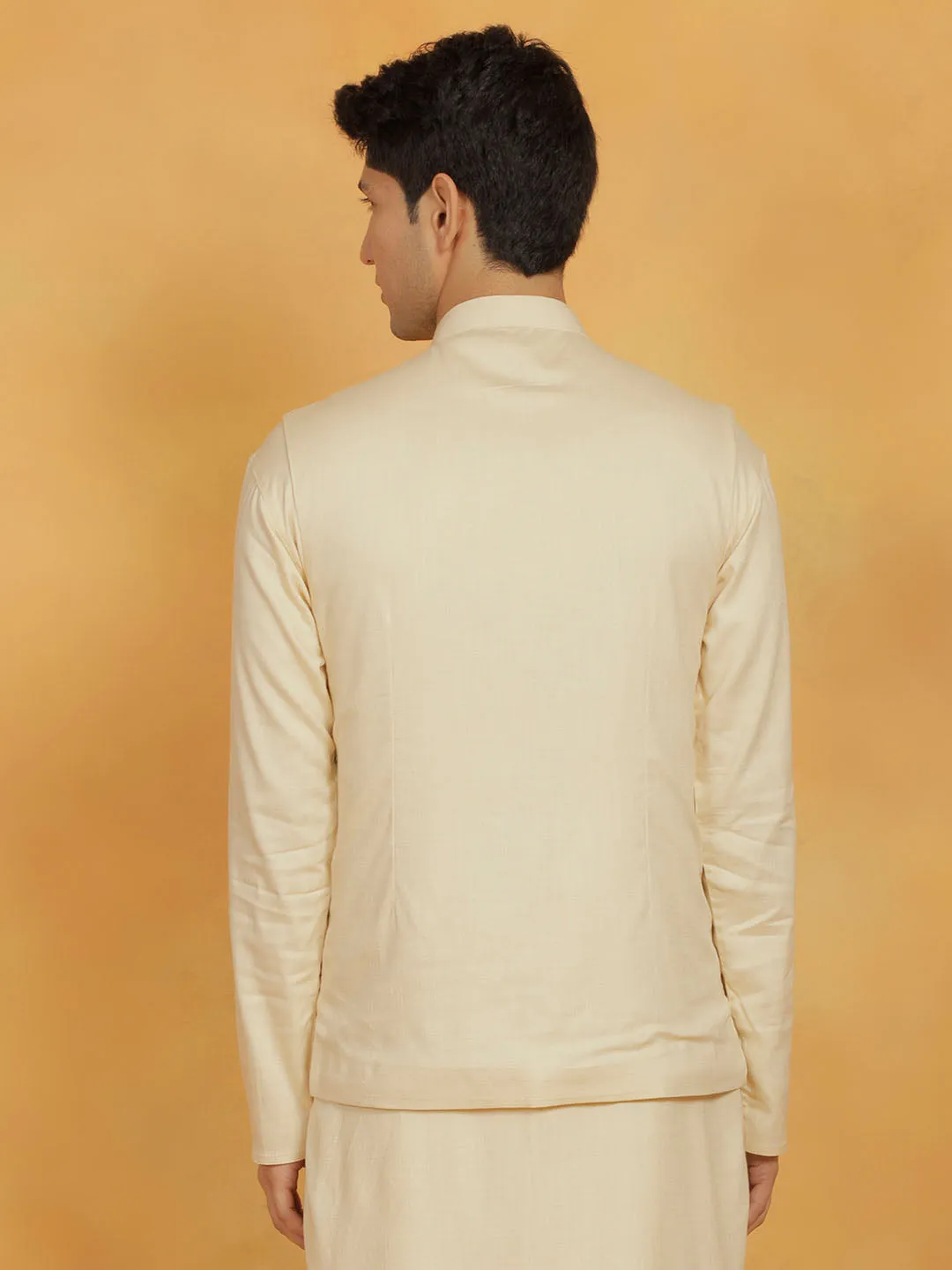 Jashvi Mens Elegant Cream Cotton Linen Nehru Jacket - Stylish Traditional Wear
