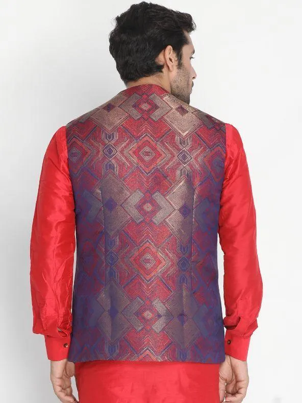 Jashvi Men's Red Silk Blend Ethnic Jacket