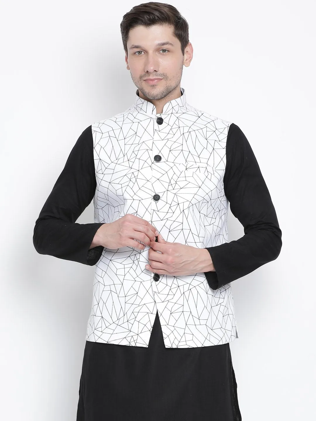 Jashvi Men's White Cotton Blend Ethnic Jacket