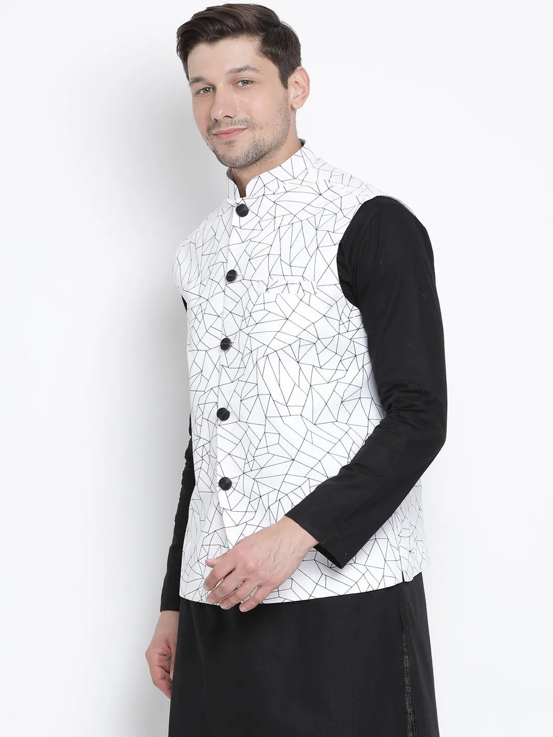 Jashvi Men's White Cotton Blend Ethnic Jacket