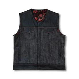 Men's Biker Vest Or Hunt Club Leather Builder Diamond Quilted Motorcycle Vest Black & Red