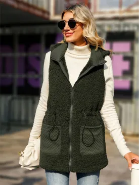 Mid-Length Sleeveless Hooded Zip-Up Solid Color Bubble Velvet Vest Coat
