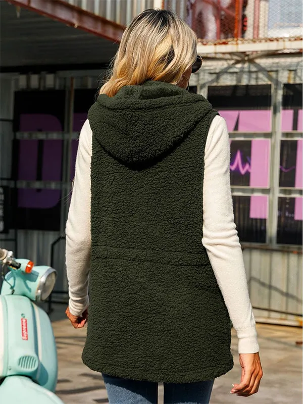 Mid-Length Sleeveless Hooded Zip-Up Solid Color Bubble Velvet Vest Coat
