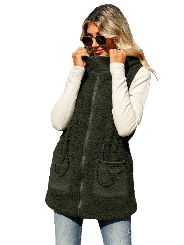 Mid-Length Sleeveless Hooded Zip-Up Solid Color Bubble Velvet Vest Coat