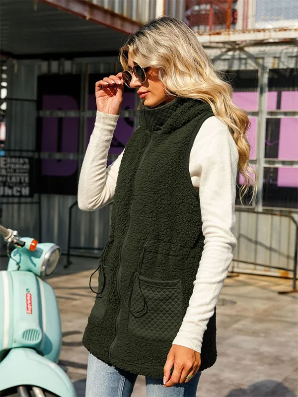 Mid-Length Sleeveless Hooded Zip-Up Solid Color Bubble Velvet Vest Coat