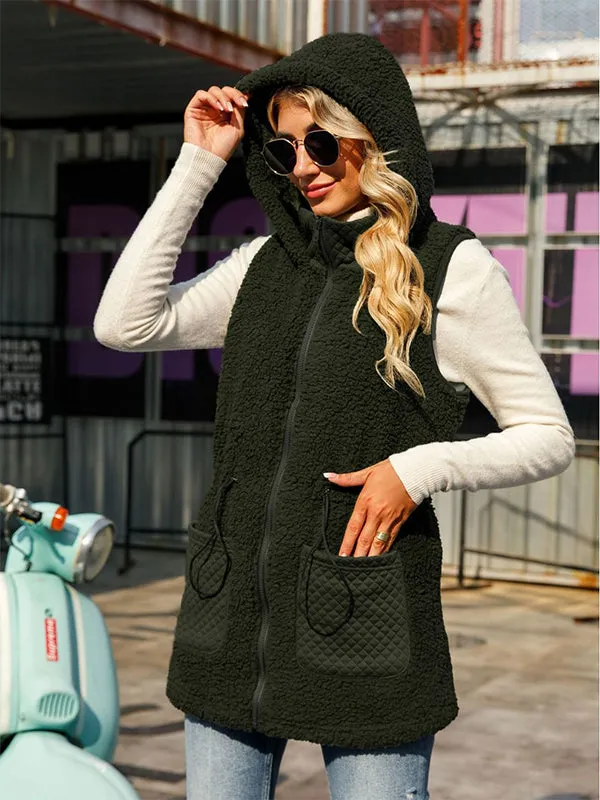 Mid-Length Sleeveless Hooded Zip-Up Solid Color Bubble Velvet Vest Coat