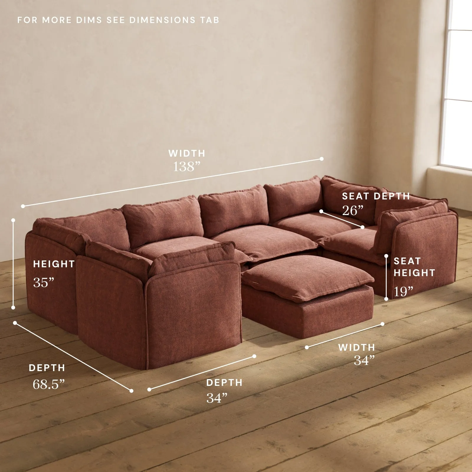 Modular Performance 6-Seater U-Sectional   Ottoman in Chestnut | Relaxed Blend