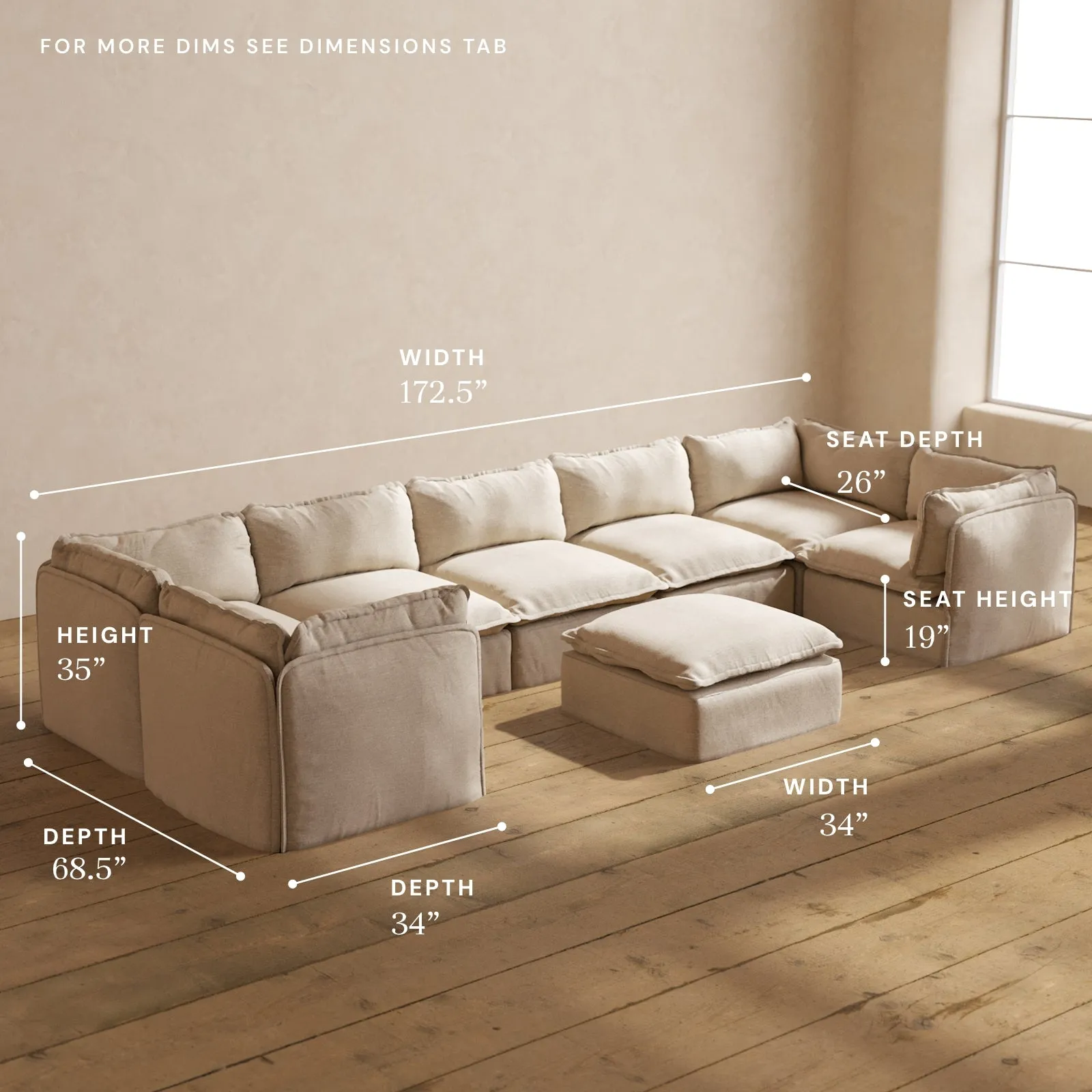 Modular Performance 7-Seater U-Sectional   Ottoman in Oat | Relaxed Blend