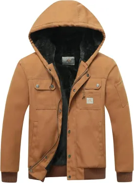 MOERDENG Men's Relaxed Fit Utility Coat Workwear Fleece Lined Multiple Pockets Waterproof Winter Hooded Jacket