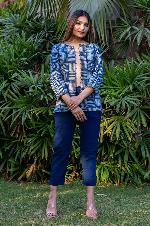 Moralfibre Cane Handblock Print  Indigo Jacket  With Hand Made Potli Details