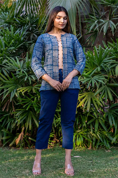 Moralfibre Cane Handblock Print  Indigo Jacket  With Hand Made Potli Details
