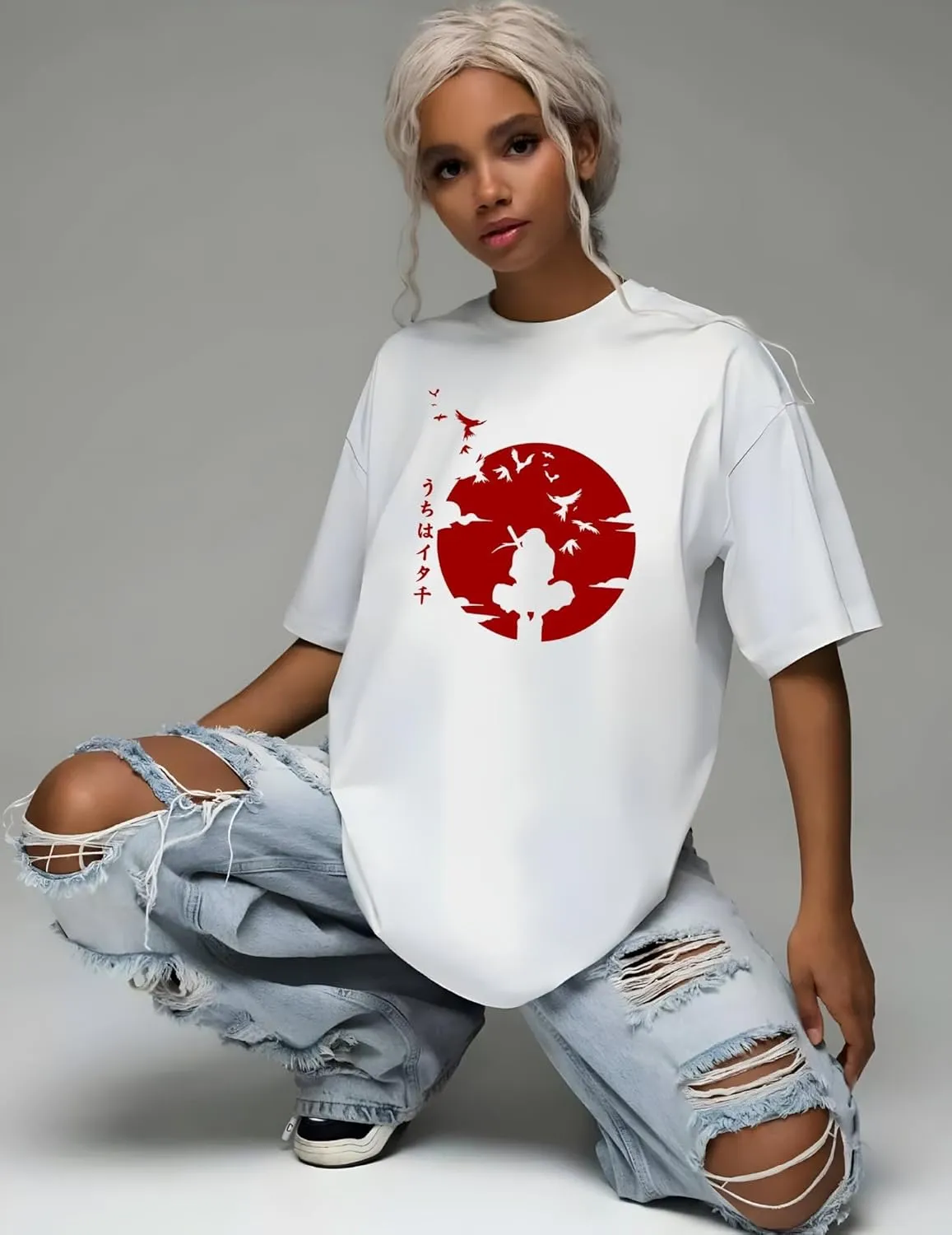 Naruto Shippuden, Itachi Uchiha, Anime Ninja Silhouette Tee, Unisex Vintage Y2K Oversized Graphic T-Shirt, Streetwear Style