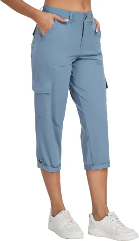 Oalka Women's Cargo Capri Pants Relaxed Fit Knit Waist Cropped Pant Casual Hiking Capris