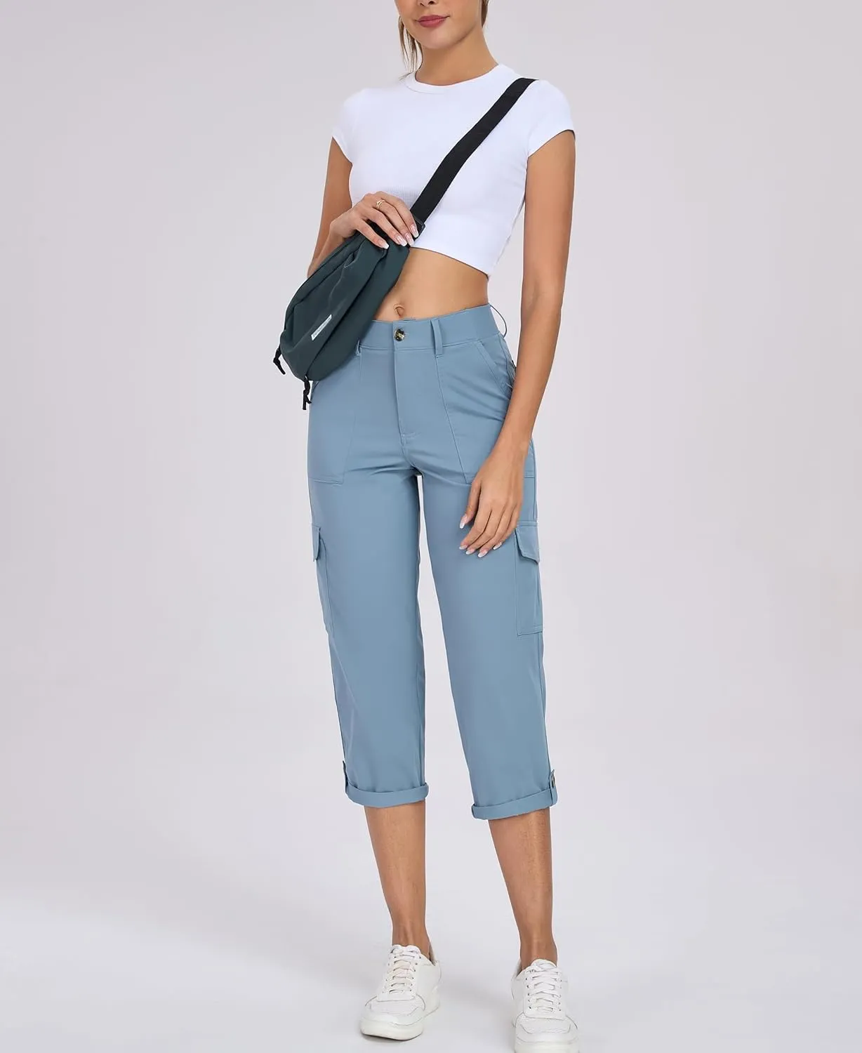 Oalka Women's Cargo Capri Pants Relaxed Fit Knit Waist Cropped Pant Casual Hiking Capris