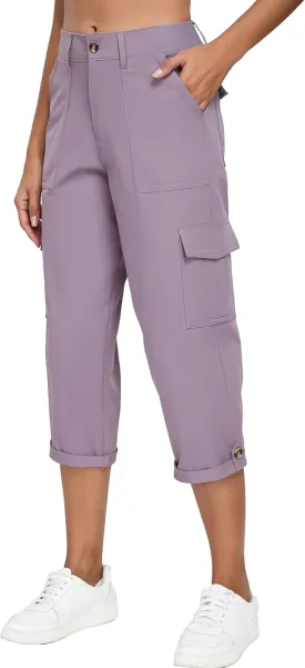 Oalka Women's Cargo Capri Pants Relaxed Fit Knit Waist Cropped Pant Casual Hiking Capris