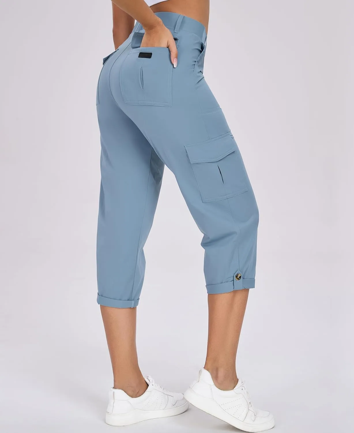 Oalka Women's Cargo Capri Pants Relaxed Fit Knit Waist Cropped Pant Casual Hiking Capris