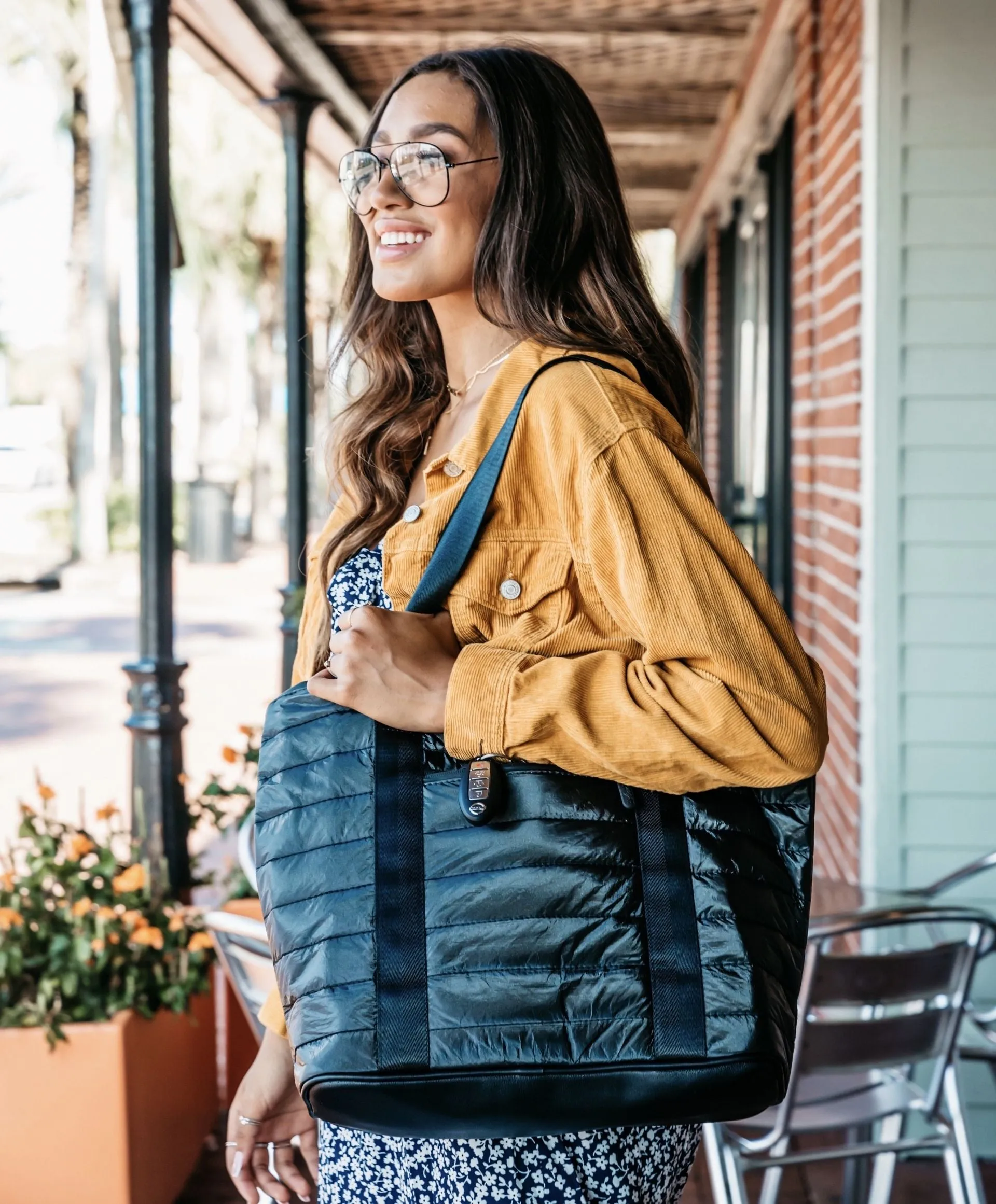 Puffer Tote Bag with Zipper Pockets in Shimmer Black