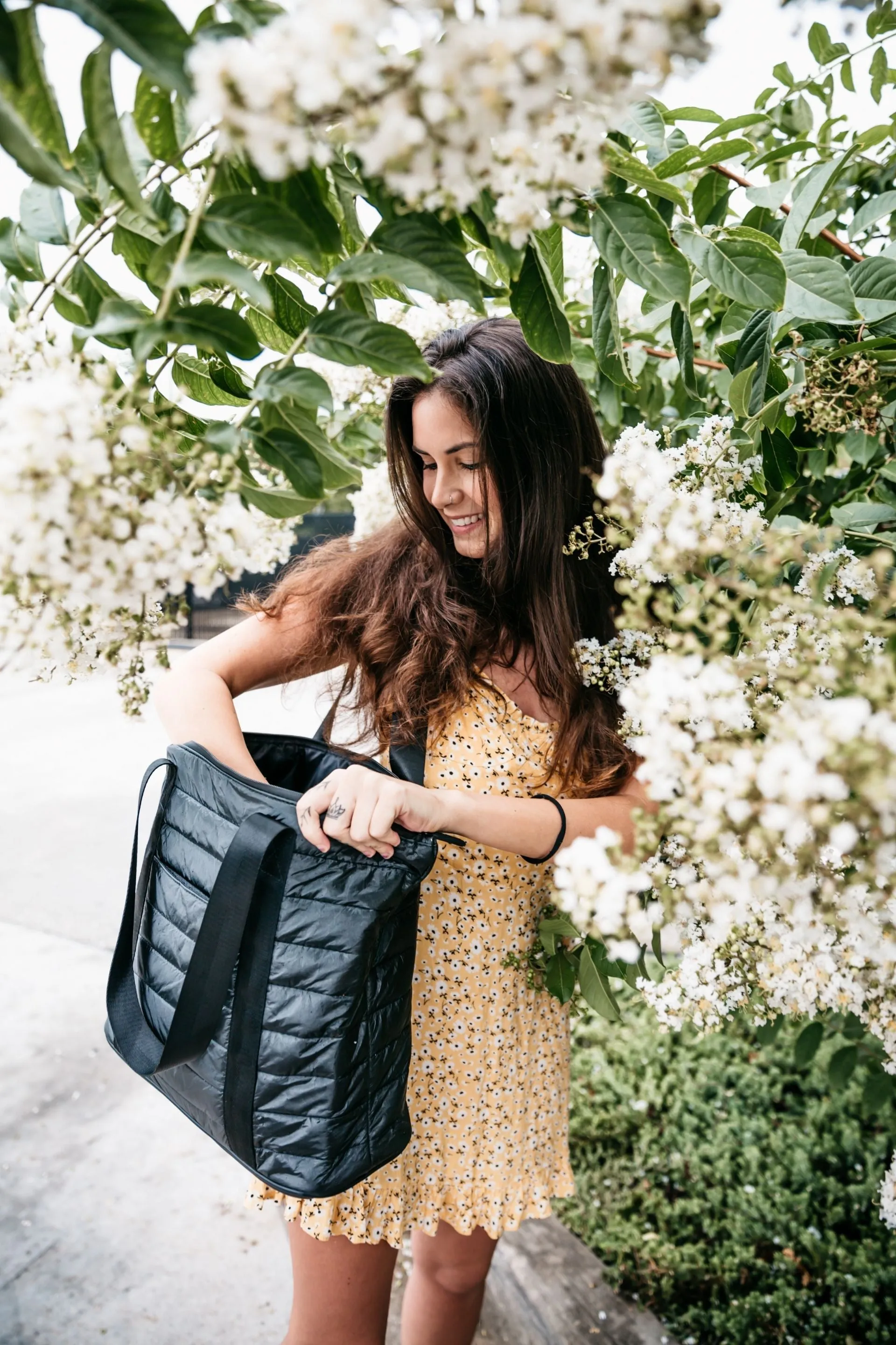 Puffer Tote Bag with Zipper Pockets in Shimmer Black