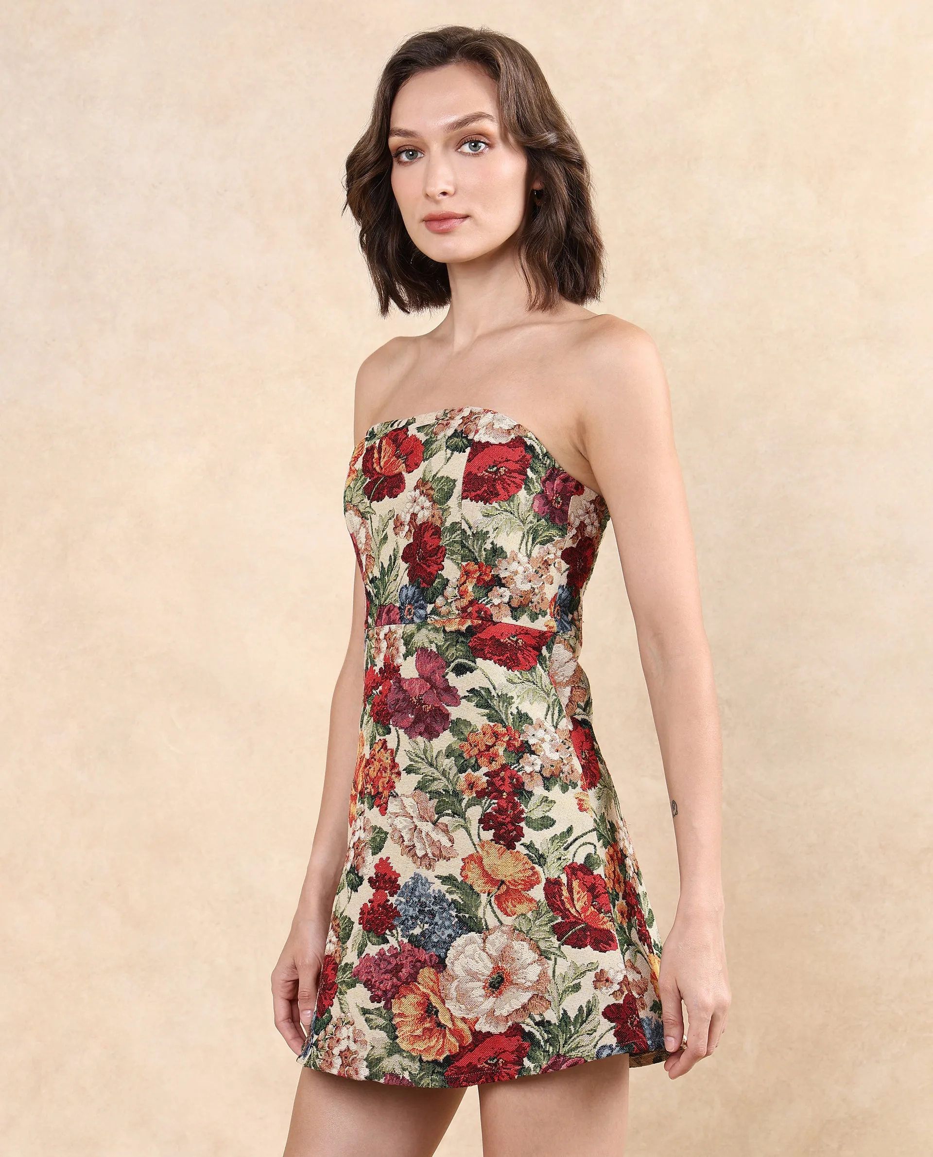 Rareism Women Yolor Multi Sleeveless Tube Neck Zipper Closure Fit And Flare Mini Jacquard Dress