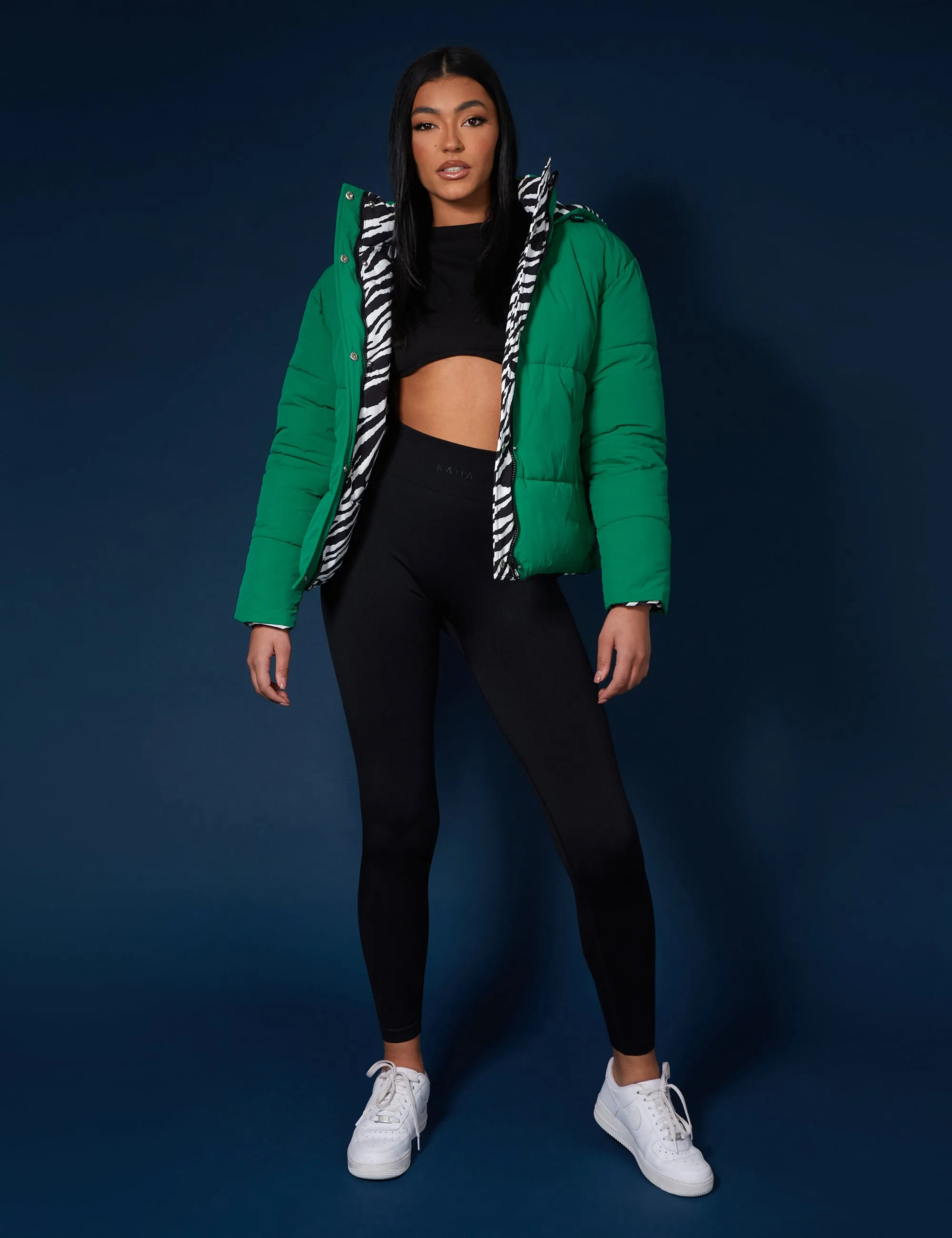 REVERSIBLE QUILTED PUFFER GREEN AND ZEBRA