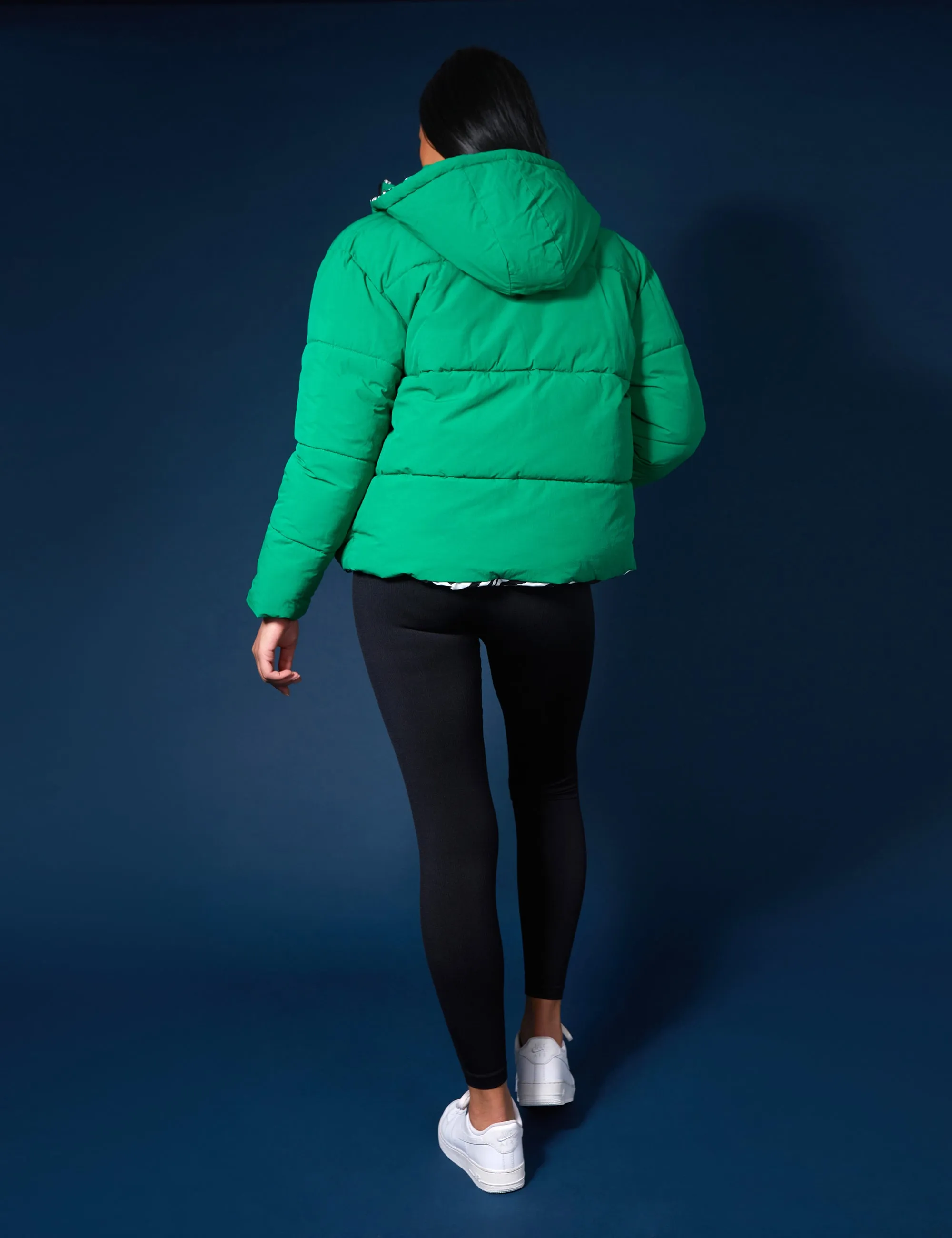 REVERSIBLE QUILTED PUFFER GREEN AND ZEBRA