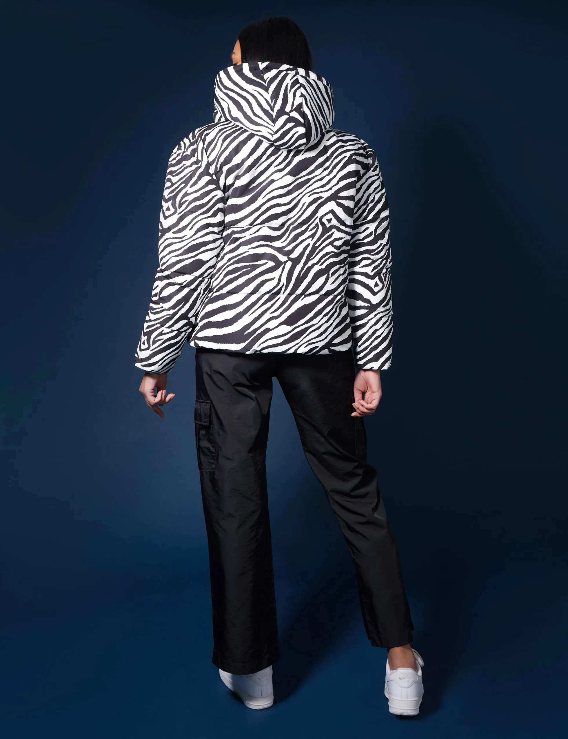 REVERSIBLE QUILTED PUFFER GREEN AND ZEBRA