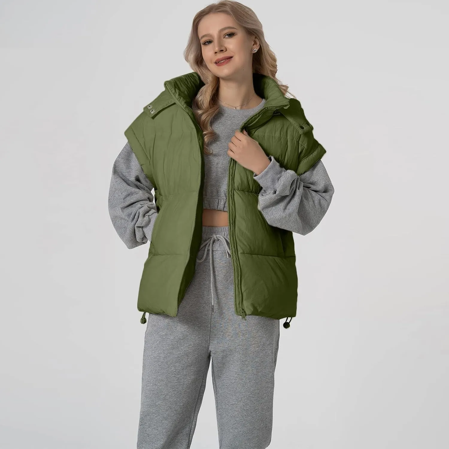 Shiyifa Womens Oversized Puffer Vest Sleeveless Lightweight Zip Up Padded Gilet Warm Coat Outwear with Detachable Hood