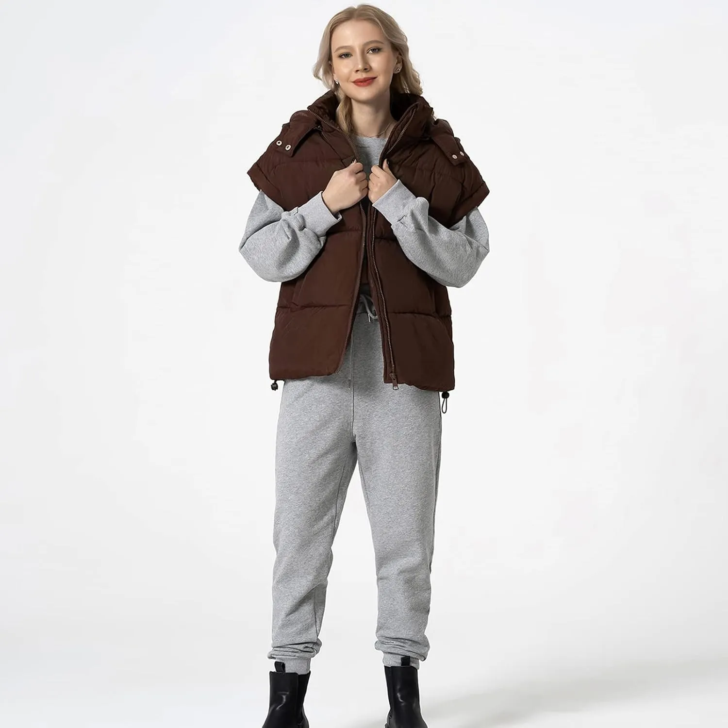 Shiyifa Womens Oversized Puffer Vest Sleeveless Lightweight Zip Up Padded Gilet Warm Coat Outwear with Detachable Hood