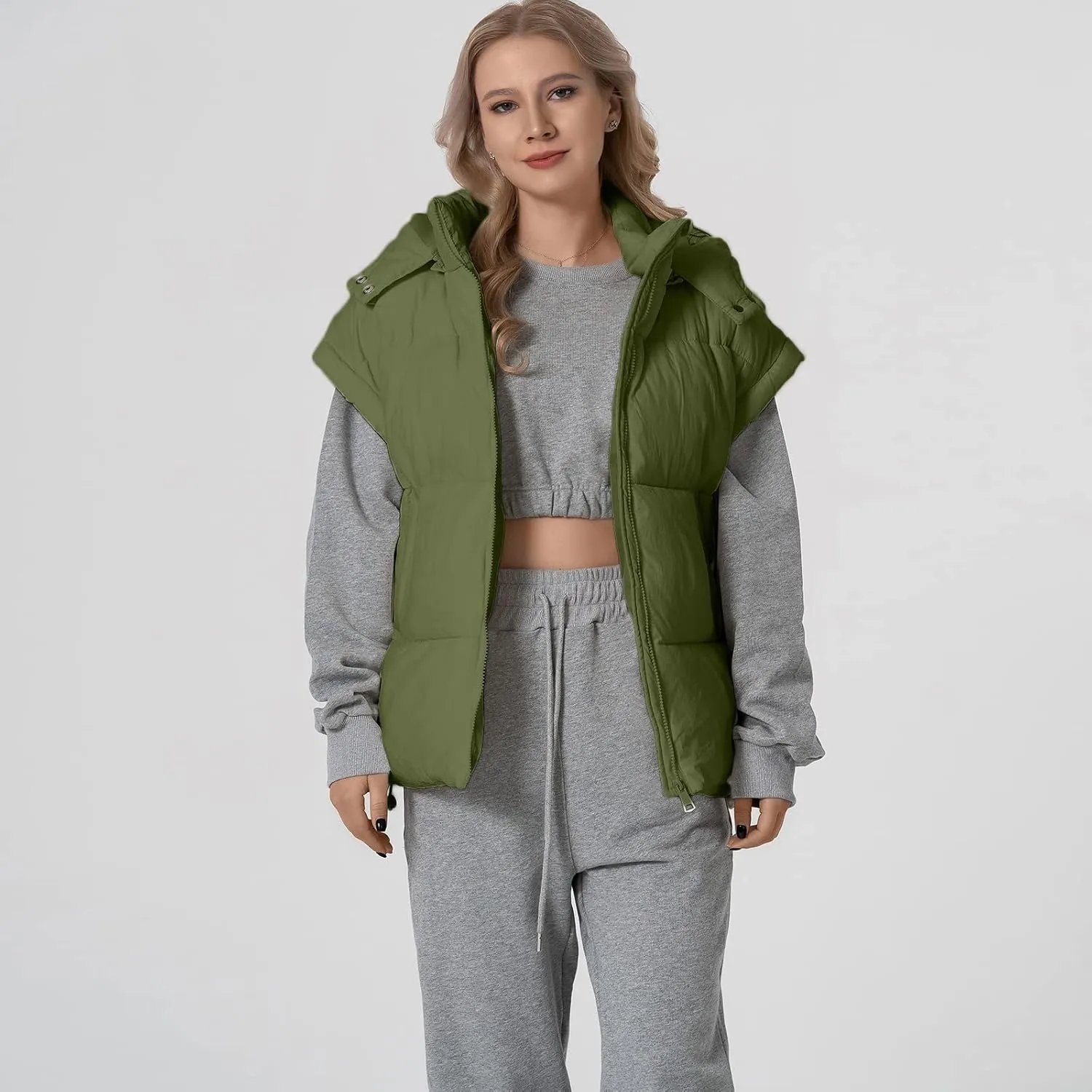 Shiyifa Womens Oversized Puffer Vest Sleeveless Lightweight Zip Up Padded Gilet Warm Coat Outwear with Detachable Hood