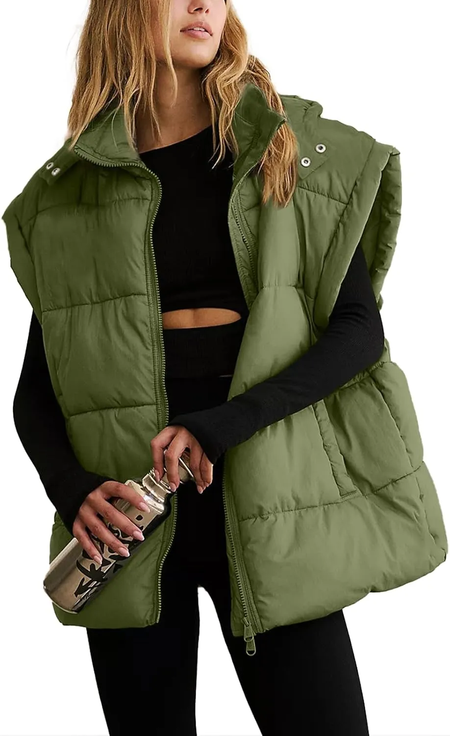 Shiyifa Womens Oversized Puffer Vest Sleeveless Lightweight Zip Up Padded Gilet Warm Coat Outwear with Detachable Hood
