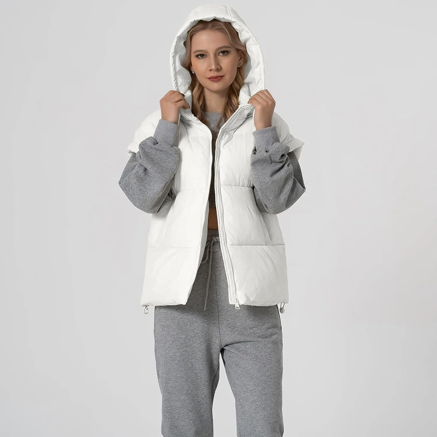 Shiyifa Womens Oversized Puffer Vest Sleeveless Lightweight Zip Up Padded Gilet Warm Coat Outwear with Detachable Hood