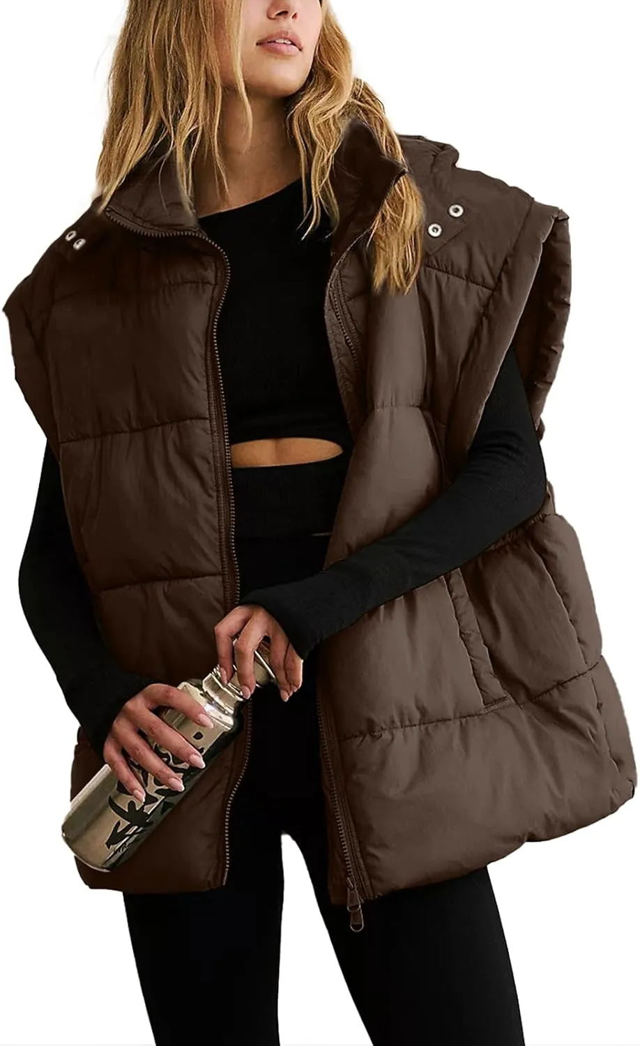Shiyifa Womens Oversized Puffer Vest Sleeveless Lightweight Zip Up Padded Gilet Warm Coat Outwear with Detachable Hood