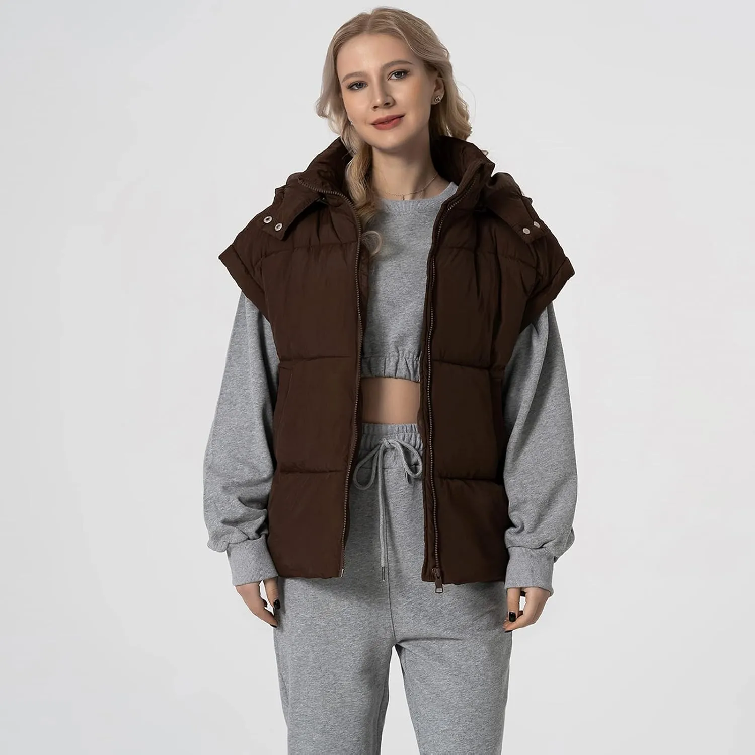 Shiyifa Womens Oversized Puffer Vest Sleeveless Lightweight Zip Up Padded Gilet Warm Coat Outwear with Detachable Hood