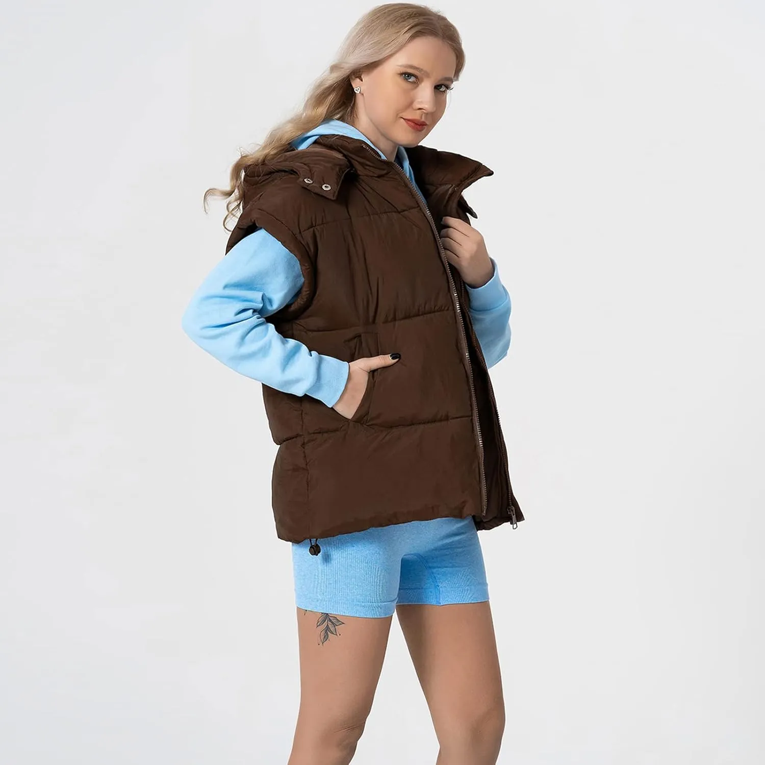 Shiyifa Womens Oversized Puffer Vest Sleeveless Lightweight Zip Up Padded Gilet Warm Coat Outwear with Detachable Hood
