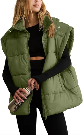 Shiyifa Womens Oversized Puffer Vest Sleeveless Lightweight Zip Up Padded Gilet Warm Coat Outwear with Detachable Hood