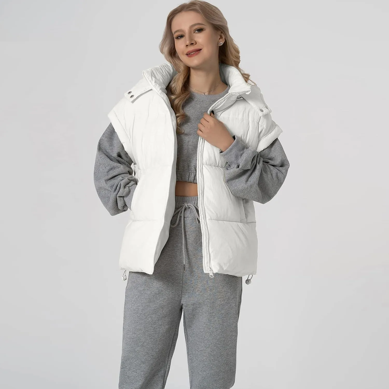 Shiyifa Womens Oversized Puffer Vest Sleeveless Lightweight Zip Up Padded Gilet Warm Coat Outwear with Detachable Hood