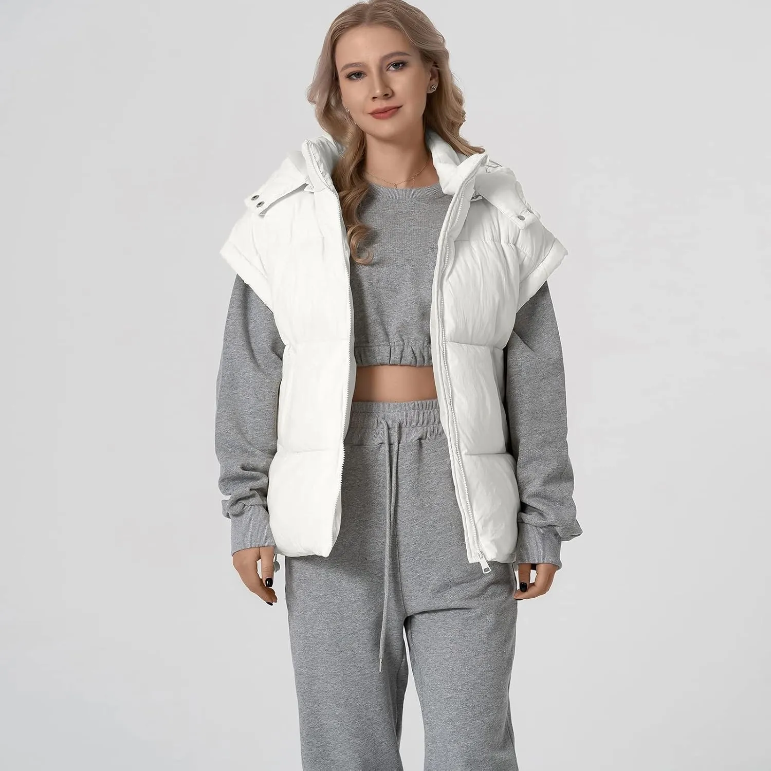 Shiyifa Womens Oversized Puffer Vest Sleeveless Lightweight Zip Up Padded Gilet Warm Coat Outwear with Detachable Hood
